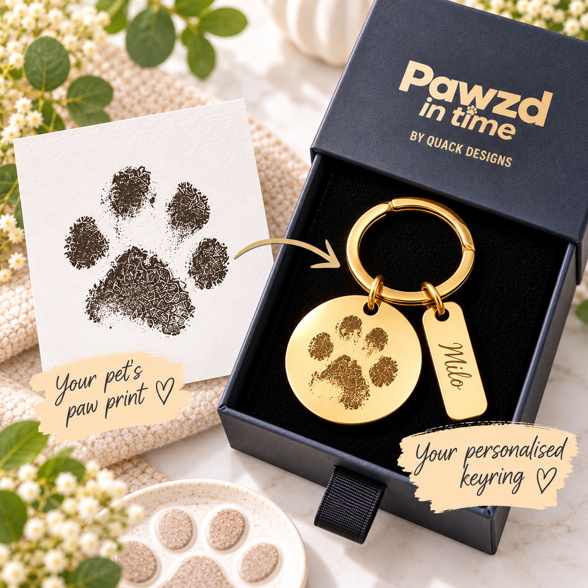 Engraved Paw Print Keyring & Name Tab
